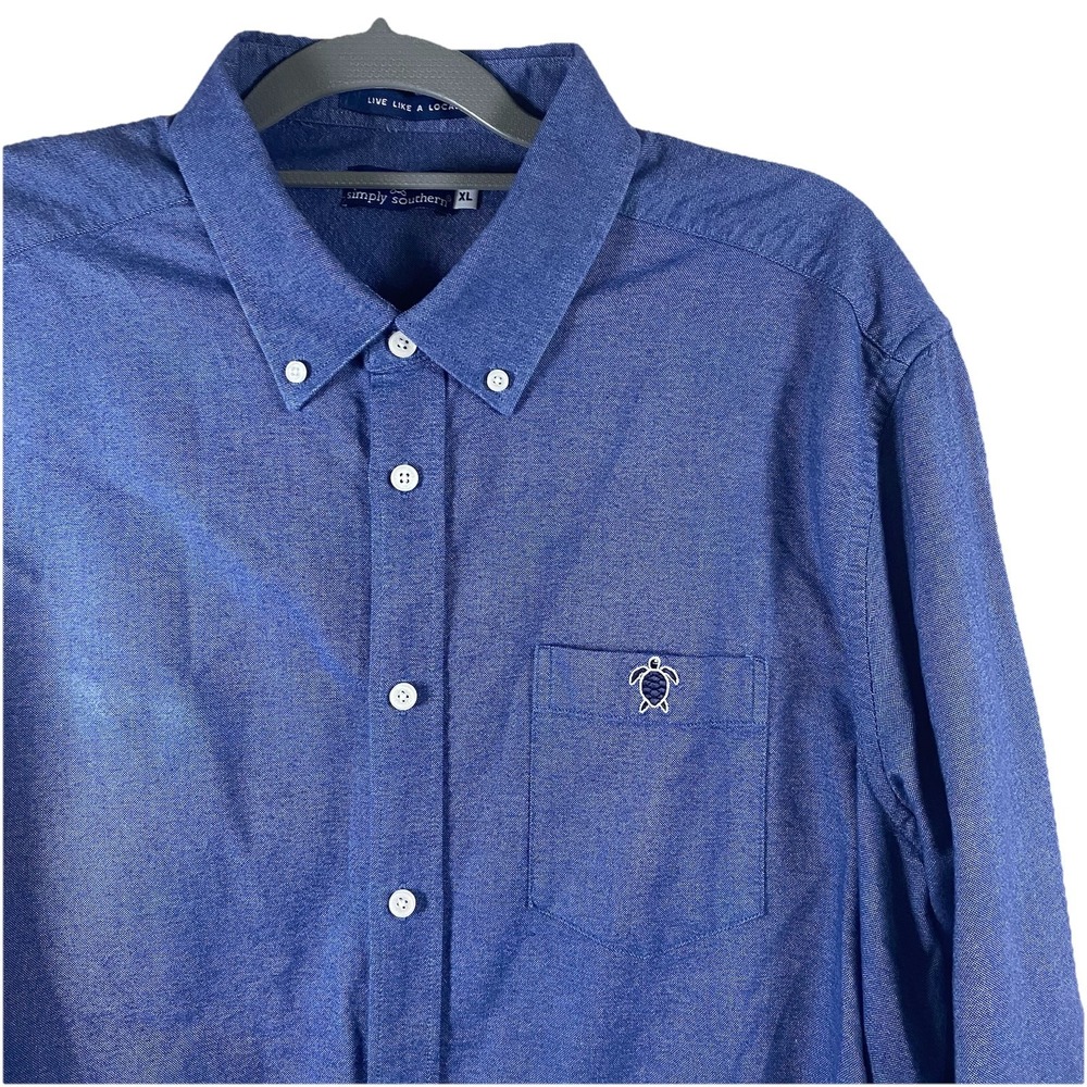 Simply Southern Mens Cotton Oxford Button Long Sleeve Blue Shirt Size XL Turtle